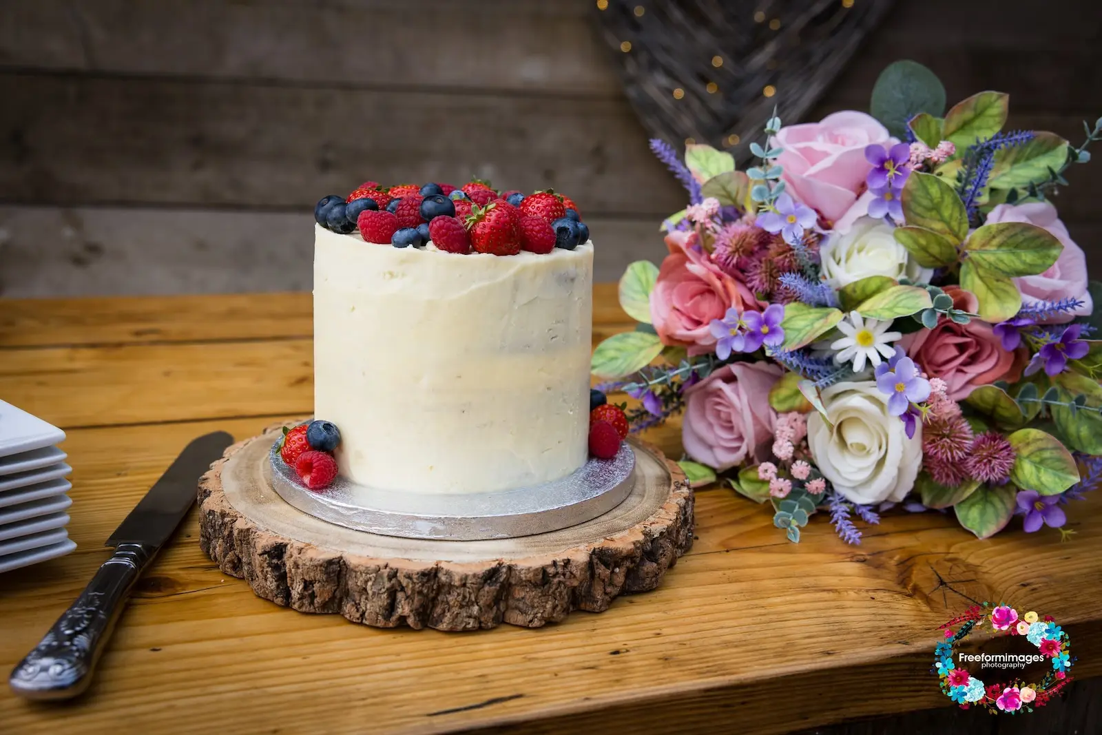 Fruit Topped wedding cake by Old Parlour Bakes at tree top escape