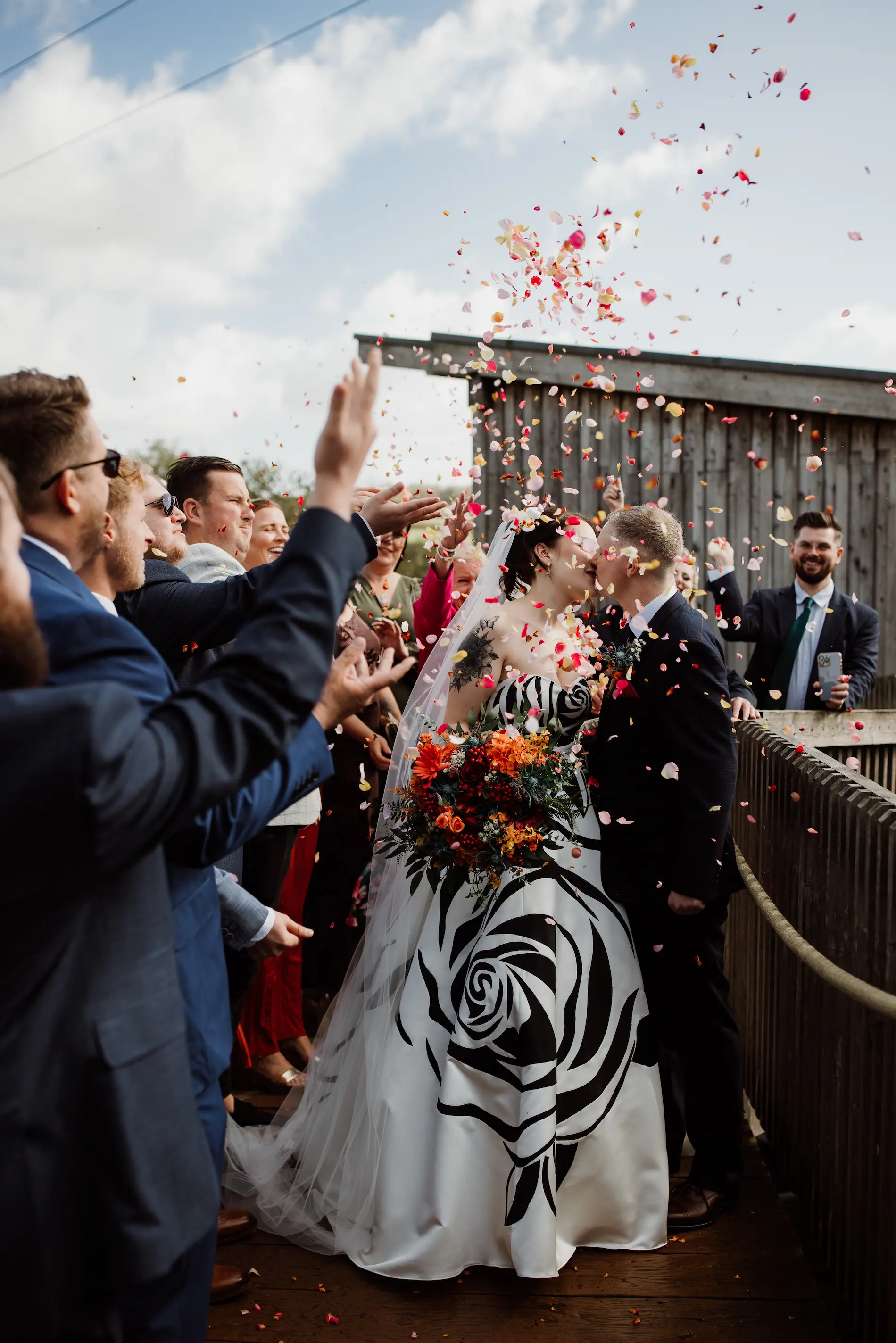 Confetti moment at an autumn wedding at Tree Top Escape, Devon